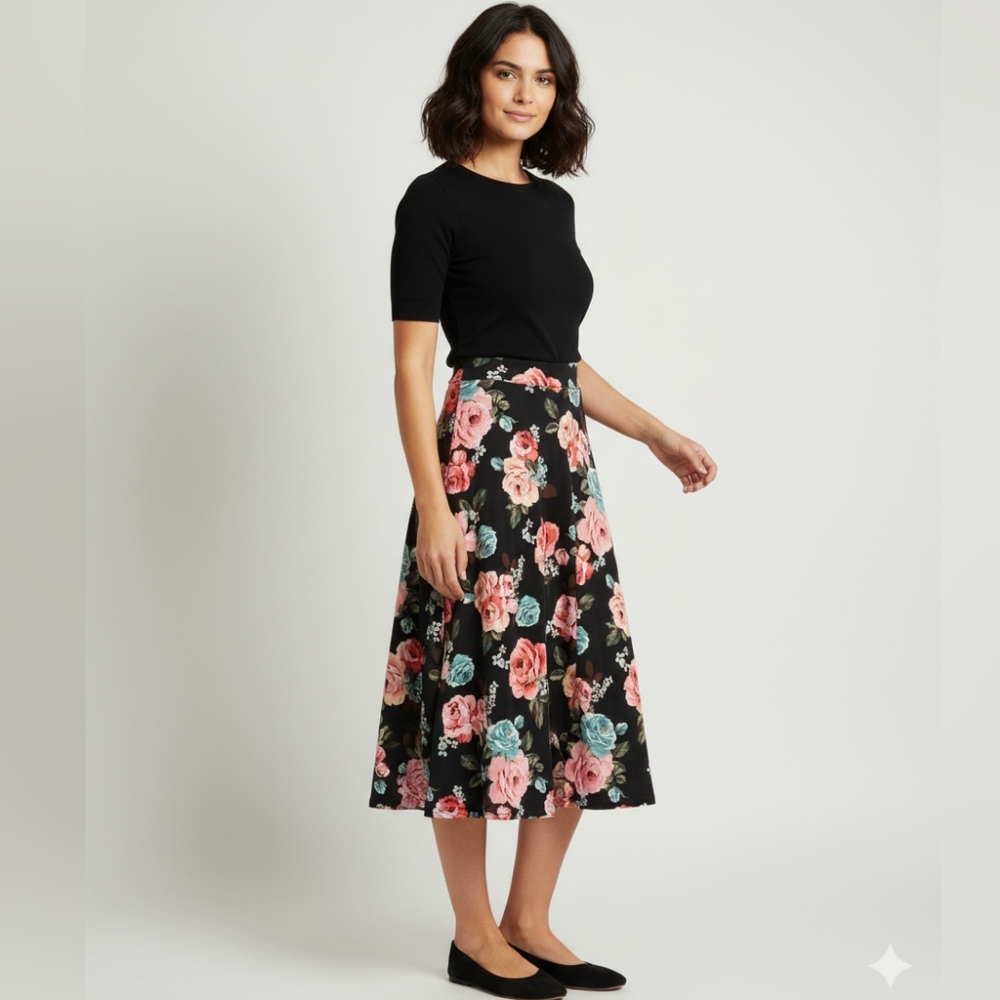 Silhouette NYC Women's High-Waisted Black Floral Pleated Midi Skirt Sz Medium 🐈